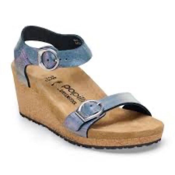 Papilio By Birkenstock Solely Metallic Blue Grey Nubuck Wedge Sandals Sz 36/US 5 - Picture 1 of 7